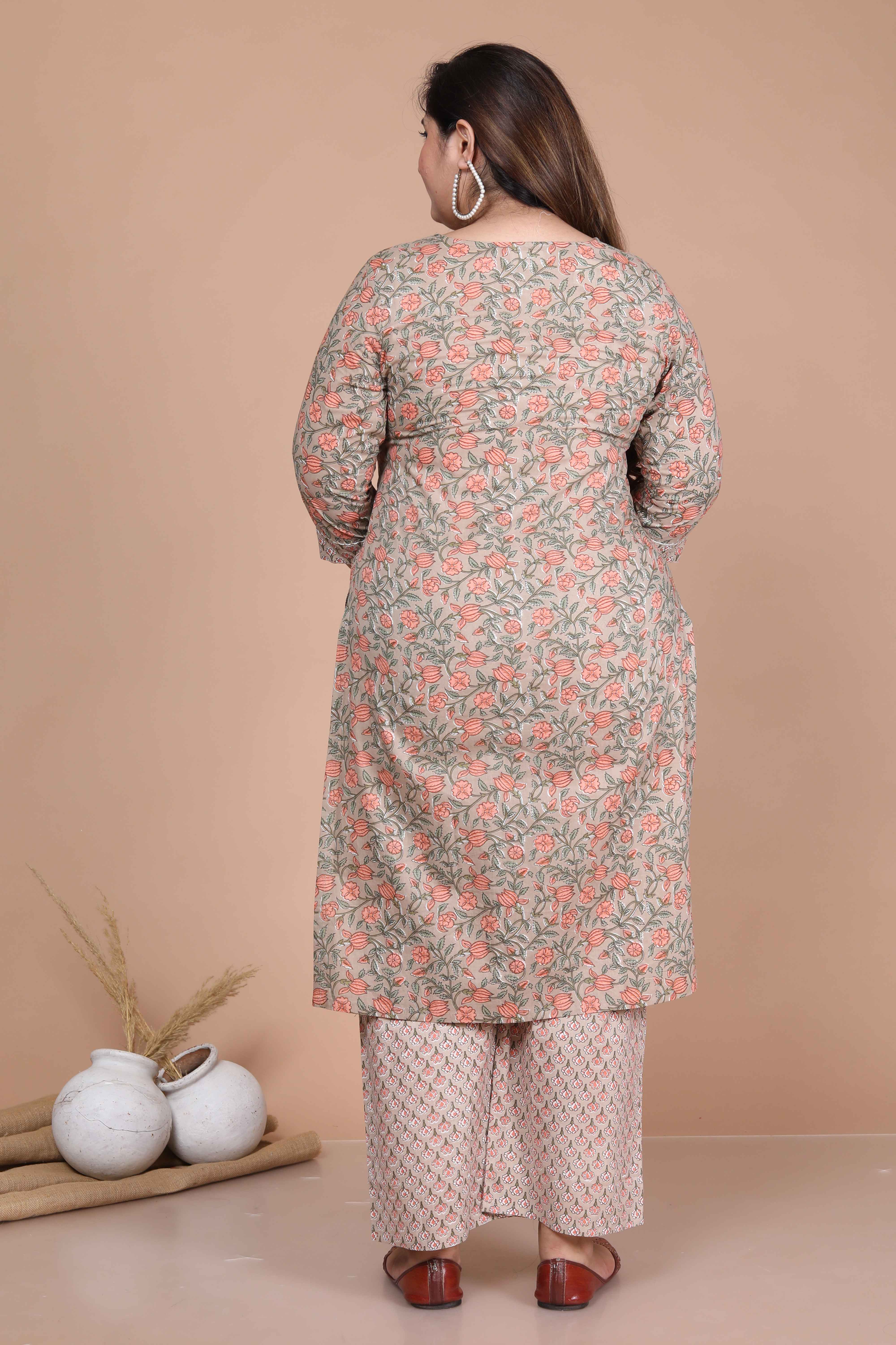 Brown Printed Pure Cotton Straight Kurta with Palazzo and Dupatta Set